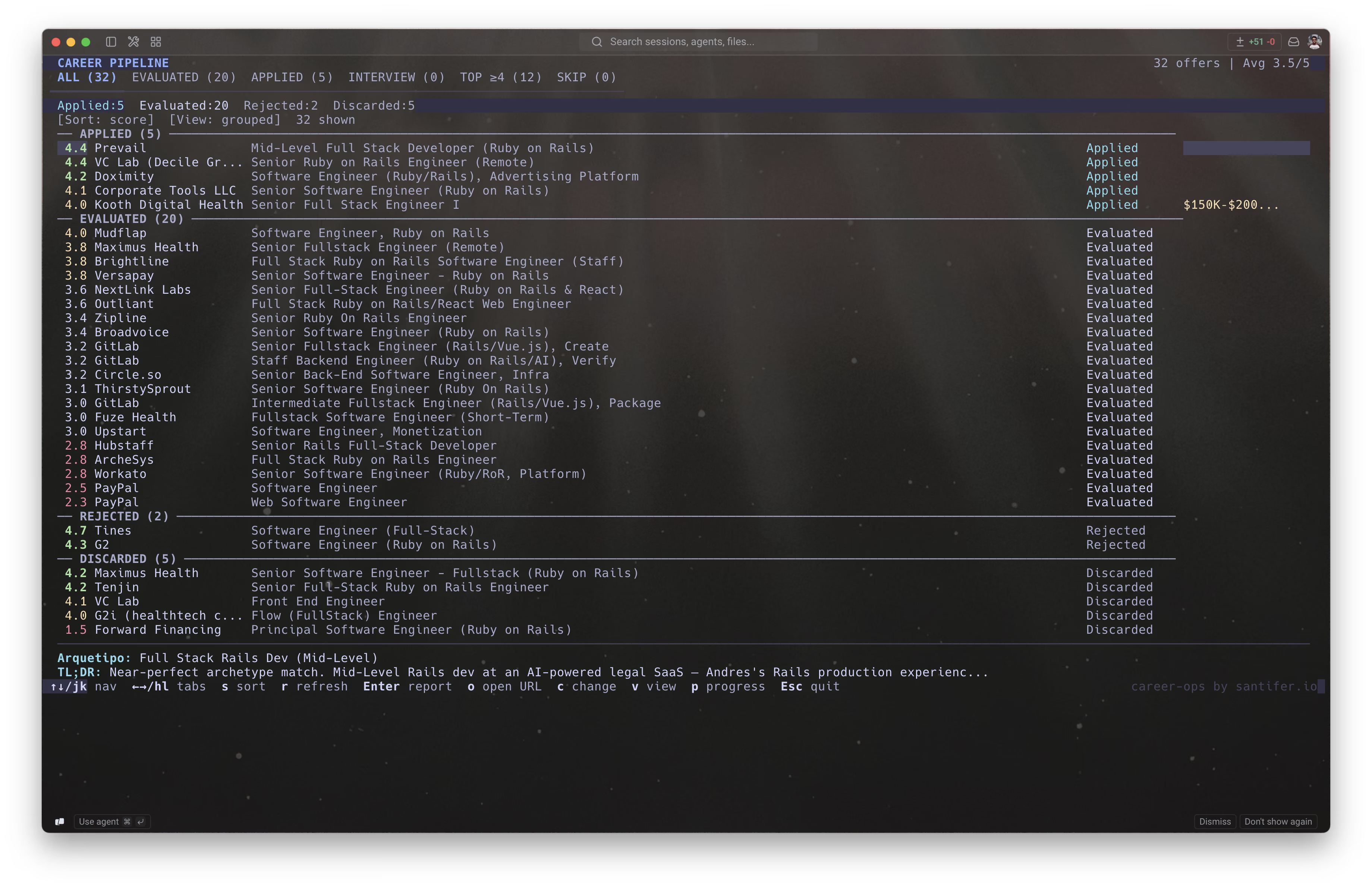 career-ops terminal interface showing the job pipeline tracker